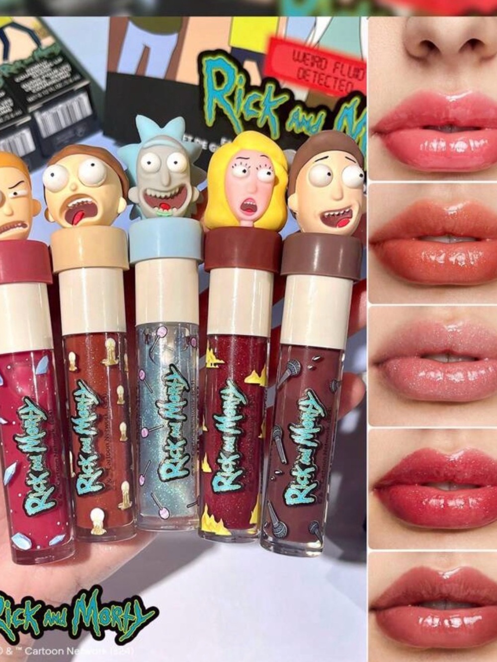 Rick and Morty Character Lip Gloss Set — Mixed Pink & Red Shades (5 Pack)